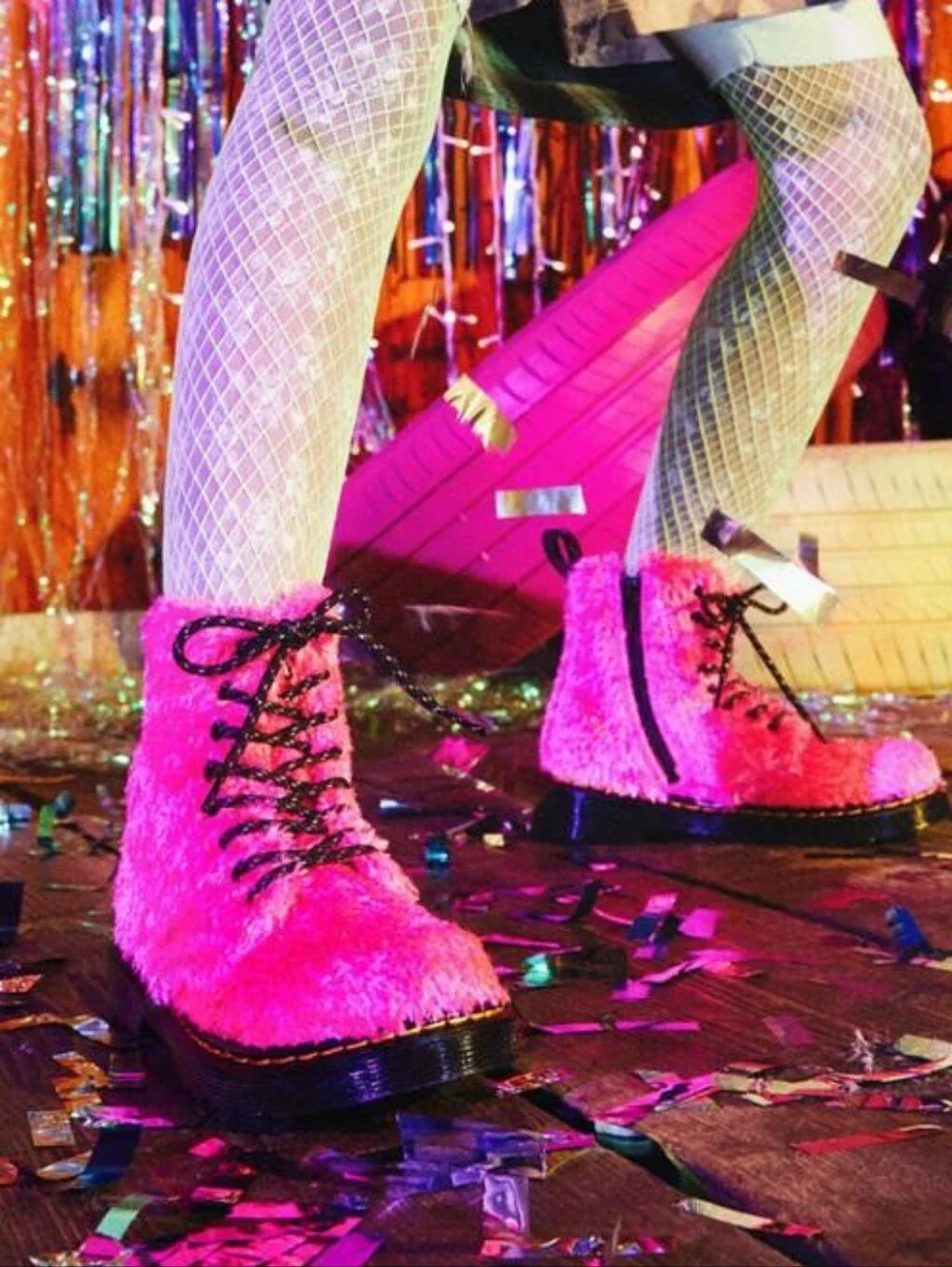 DR. MARTENS 1460 Pascal J Tinsel Fur Boots Kid's Size 3 Clash Pink